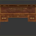 Ornate Wooden Writing Desk With Red Finish Golden Accents And Decorative Patterns