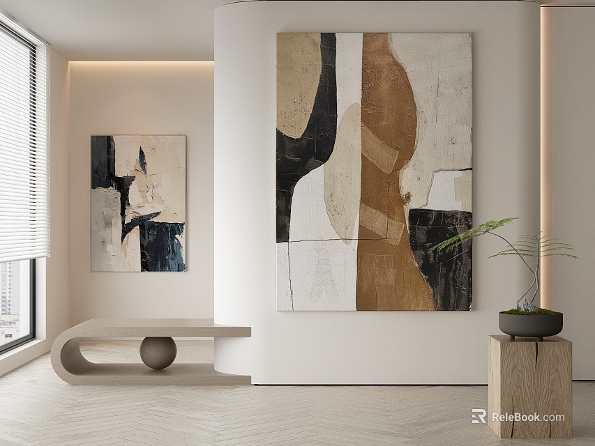 Abstract Paintings in Modern Interior With Neutral Tones Beige Brown Black And Wooden Decor 3d model 