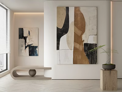 Abstract Paintings in Modern Interior With Neutral Tones Beige Brown Black And Wooden Decor 3d model