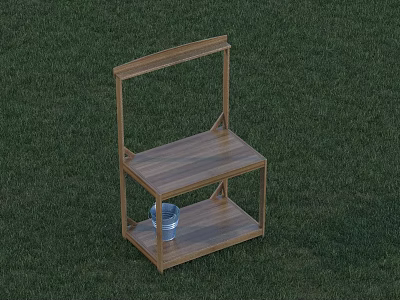 Two Tier Wooden Shelf With Blue Bucket Placed On Green Grass Surface 3d model