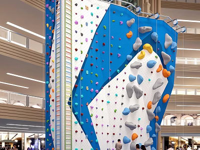 Indoor Rock Climbing Wall With Colorful Holds For Fitness Workout People Climbing In Mall 3d model
