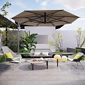 Outdoor Leisure Sofa Set with Umbrella Plants and Tables on Patio