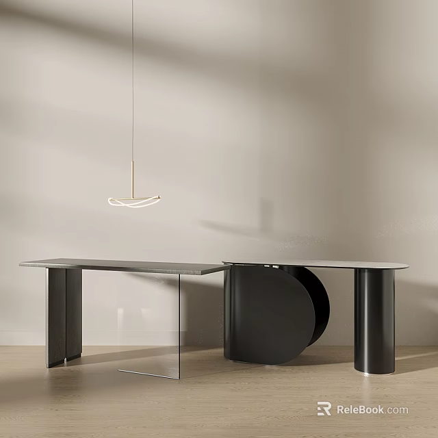 Minimalist White Circular Pendant Light In Modern Interior With Gray Black Table And Black Pillars 3d model 