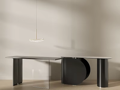 Minimalist White Circular Pendant Light In Modern Interior With Gray Black Table And Black Pillars 3d model