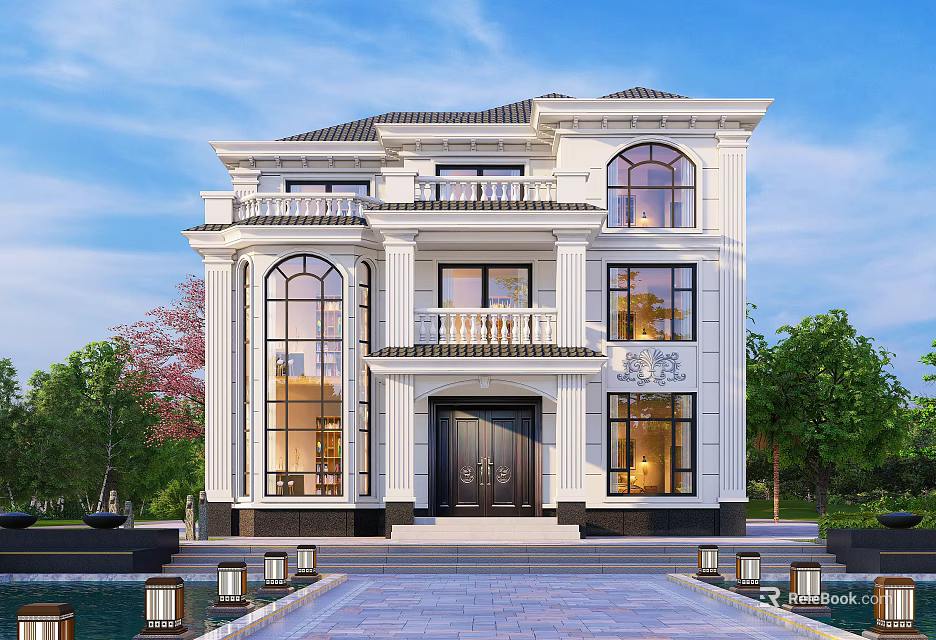 Elegant Detached Villa With White Exterior Large Windows Balcony Black Door And Pool 3d model 