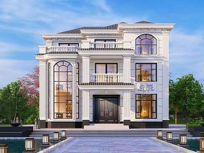 Elegant Detached Villa With White Exterior Large Windows Balcony Black Door And Pool 3d model