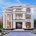 Elegant Detached Villa With White Exterior Large Windows Balcony Black Door And Pool