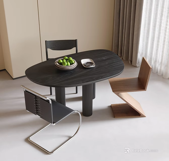 Modern Black Oval Wooden Dining Table With Various Style Chairs In Minimalist Interior 3d model 