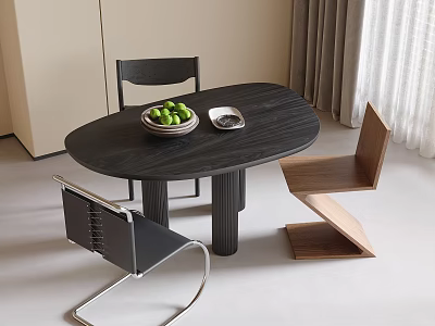 Modern Black Oval Wooden Dining Table With Various Style Chairs In Minimalist Interior 3d model