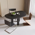 Modern Black Oval Wooden Dining Table With Various Style Chairs In Minimalist Interior