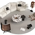 White Sectional Sofa Coffee Table Set With Black Cushions Round Patterned Table And Accent Chairs 3d model