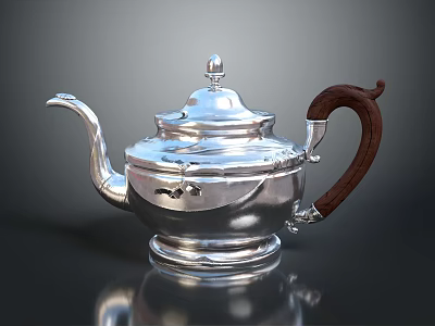 Elegant Silver Teapot With Exquisite Carved Design Wooden Handle And Shiny Finish 3d model
