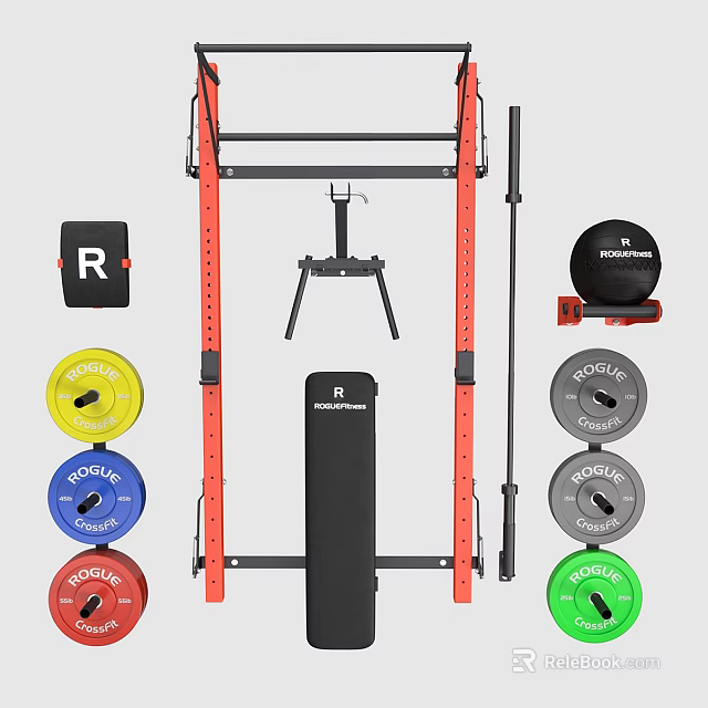 Home Gym Sports Equipment With Power Rack Weight Bench Barbell And Colorful Weight Plates 3d model 