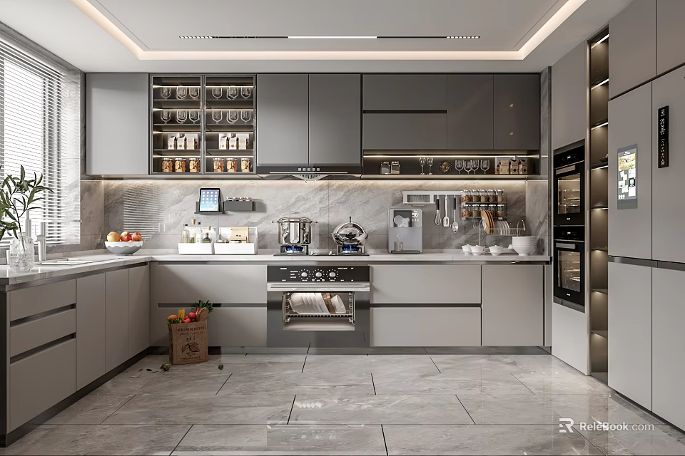 Modern Kitchen Interior With Gray Cabinets Open Shelves Island And Marble Countertop 3d model 