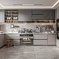 Modern Kitchen Interior With Gray Cabinets Open Shelves Island And Marble Countertop
