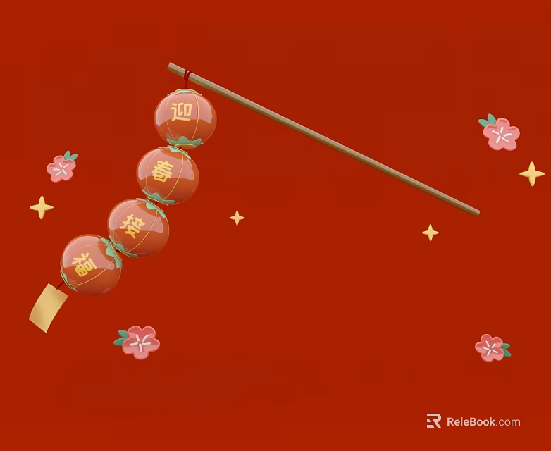 Traditional Chinese Landscape Sculpture With Red Lanterns Plum Blossoms And Spring Blessings 3d model 