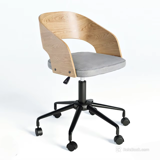 Modern Office Chair With Wooden Backrest Gray Cushion And Black Caster Base 3d model 