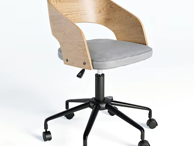 Modern Office Chair With Wooden Backrest Gray Cushion And Black Caster Base 3d model