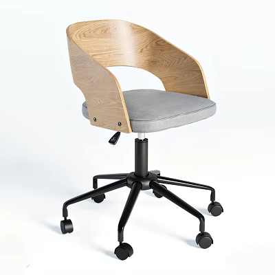 Modern Office Chair With Wooden Backrest Gray Cushion And Black Caster Base 3d model