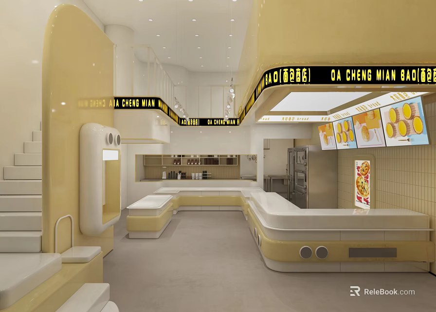 Bright Yellow Café Interior Design With Open Counter Staircase And Menu Screens 3d model 