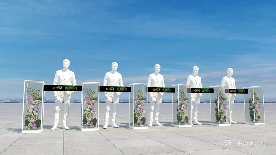 Launch Device With Screens And Flower Decorations Near Human Shaped Standees On Plaza 3d model 
