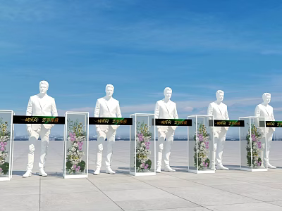 Launch Device With Screens And Flower Decorations Near Human Shaped Standees On Plaza 3d model