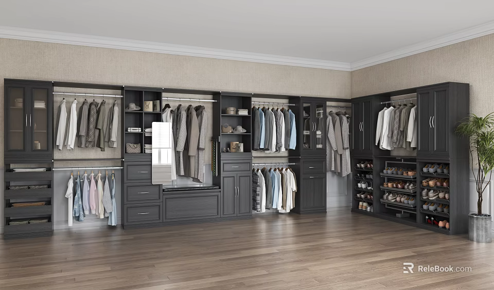 Modern Dark Gray Walk-in Closet With Hanging Clothes Mirror Drawers And Shoe Storage 3d model 