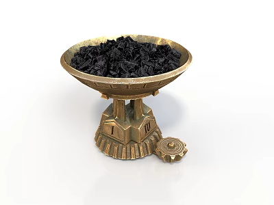 Golden Decorative Bowl With Intricate Base Holding Black Granules And Small Gear 3d model