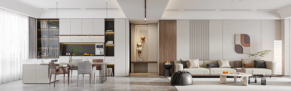 Elegant Modern Open Concept Living Dining Room With White Cabinets Wooden Walls And Sculpture Decor 3d model 