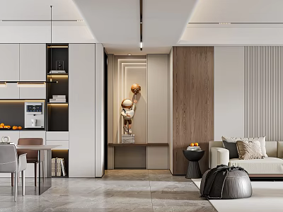 Elegant Modern Open Concept Living Dining Room With White Cabinets Wooden Walls And Sculpture Decor 3d model