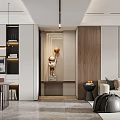 Elegant Modern Open Concept Living Dining Room With White Cabinets Wooden Walls And Sculpture Decor