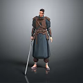Medieval Fantasy Game Character With Brown Armor Dark Blue Robe And Longsword Standing Pose 3d model
