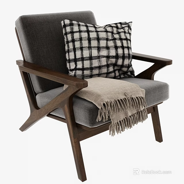 Gray Fabric Accent Chair With Wooden Armrests Black White Checkered Pillow And Beige Fringed Blanket 3d model 