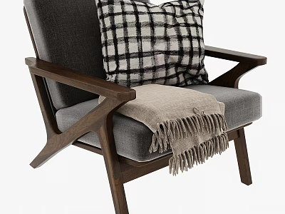Gray Fabric Accent Chair With Wooden Armrests Black White Checkered Pillow And Beige Fringed Blanket 3d model