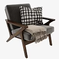 Gray Fabric Accent Chair With Wooden Armrests Black White Checkered Pillow And Beige Fringed Blanket