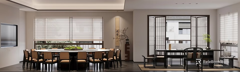 Chinese Style Private Dining Room Interior Design With Wooden Table Chairs And Traditional Decorations 3d model