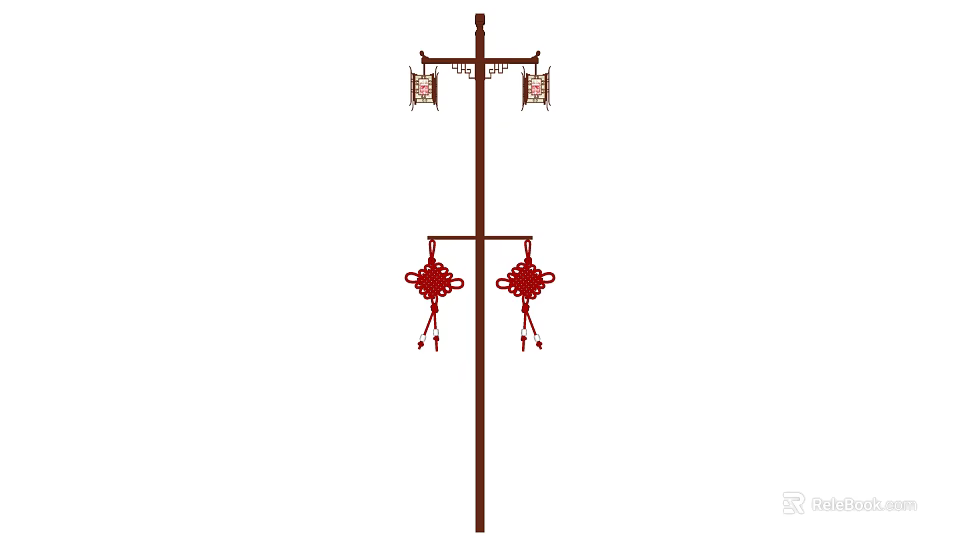 Traditional Style Outdoor Light Pole With Red Decorative Knots And Lantern Design 3d model 