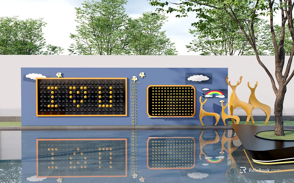 Decorative Feature Wall With Numbers Deer Sculptures Rainbow Clouds And Water Reflection 3d model