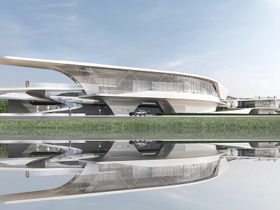 Modern Architectural Building With Streamlined Design Glass Facade Water Reflection And Surrounding Grassland 3d model