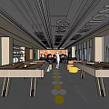 Modern Conference Room Interior With Ceiling Lighting Long Wooden Tables Yellow Circular Stickers And Windows