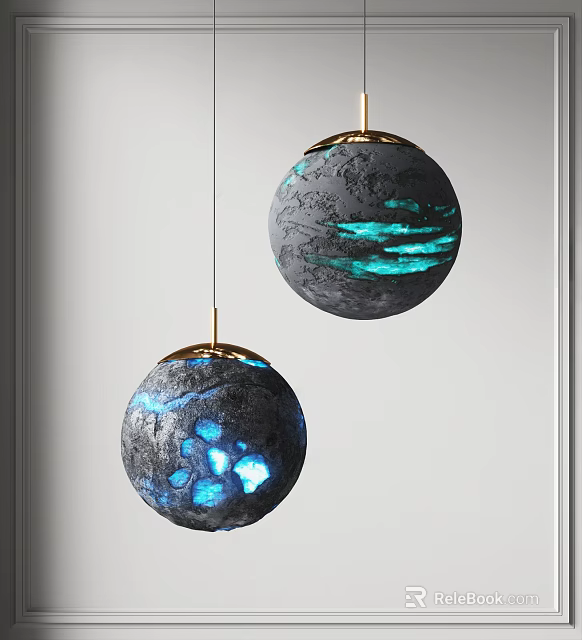 Modern Spherical Pendant Lights With Moon-like Texture And Blue Glowing Accents Gold Frame 3d model 