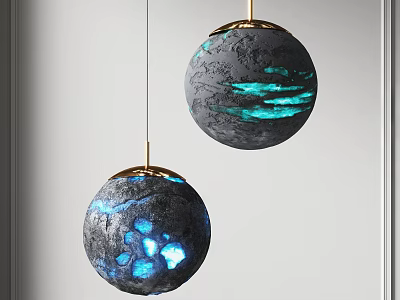 Modern Spherical Pendant Lights With Moon-like Texture And Blue Glowing Accents Gold Frame 3d model