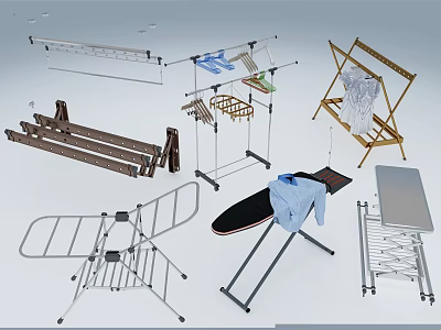 Various Types of Clothes Hangers Including Foldable and Standing Racks for Home Use 3d model