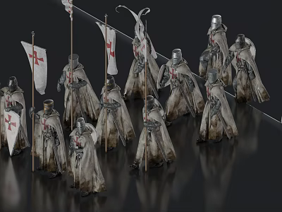 Medieval Knights With Cross Symbols In Tattered Robes Holding Flags Standing In Formation 3d model