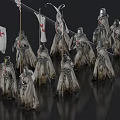 Medieval Knights With Cross Symbols In Tattered Robes Holding Flags Standing In Formation