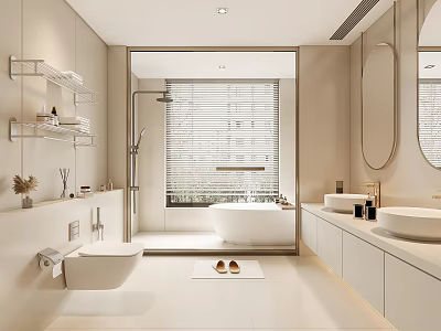 Modern Bathroom Interior Design With Wall Mounted Shelves Bathtub And Double Vanity Sinks 3d model