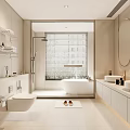 Modern Bathroom Interior Design With Wall Mounted Shelves Bathtub And Double Vanity Sinks