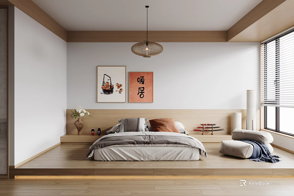 Japanese Bedroom Interior With Platform Bed Wooden Flooring Hanging Lamp And Decorative Paintings 3d model 