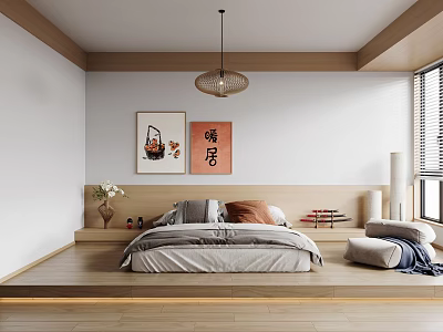 Japanese Bedroom Interior With Platform Bed Wooden Flooring Hanging Lamp And Decorative Paintings 3d model