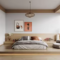 Japanese Bedroom Interior With Platform Bed Wooden Flooring Hanging Lamp And Decorative Paintings